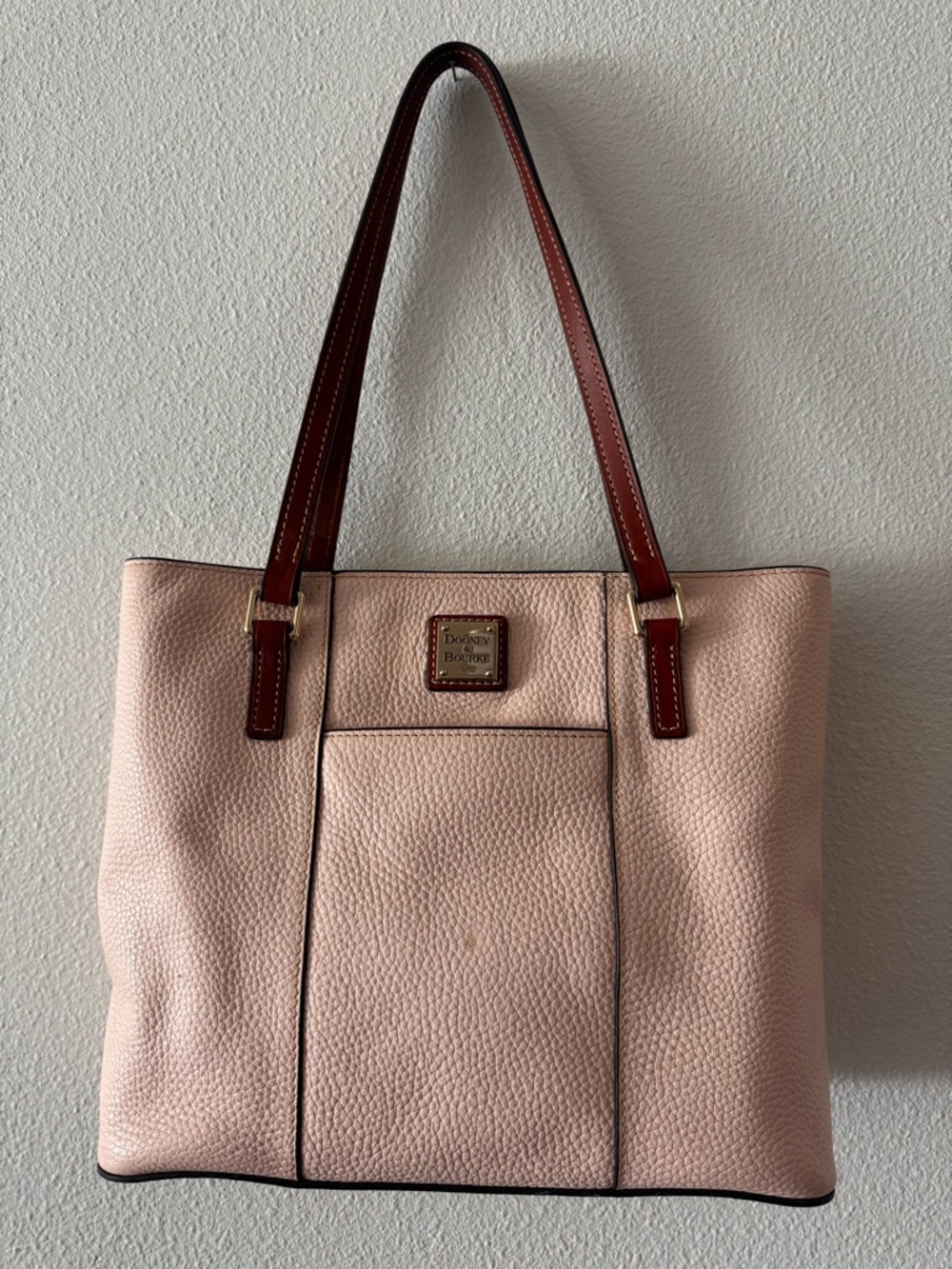 Dooney & Bourke Blush Pink Pebbled Leather Tote with Brown Straps